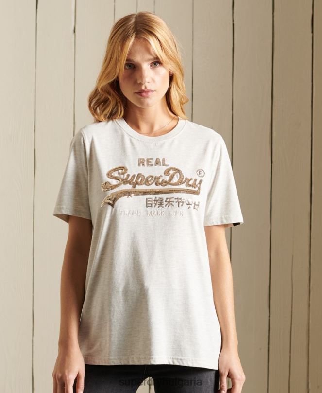 Superdry облекло N00H6774 бежово Жени ретро тениска с бохо блясък с лого