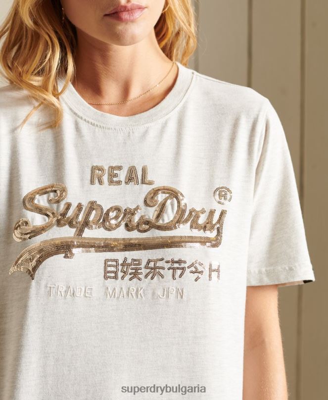 Superdry облекло N00H6774 бежово Жени ретро тениска с бохо блясък с лого