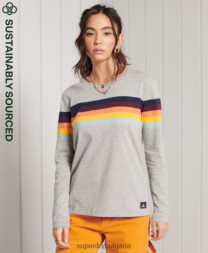 Superdry облекло N00H6781 светло сив Жени горнище с дълги ръкави с кали райе от органичен памук