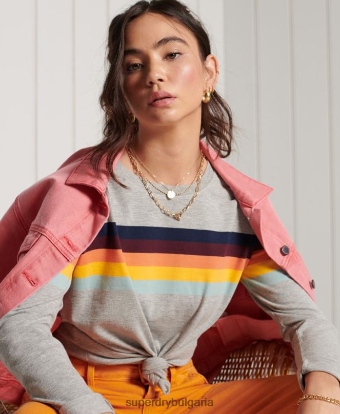 Superdry облекло N00H6781 светло сив Жени горнище с дълги ръкави с кали райе от органичен памук
