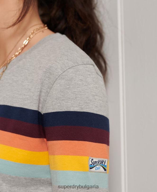Superdry облекло N00H6781 светло сив Жени горнище с дълги ръкави с кали райе от органичен памук