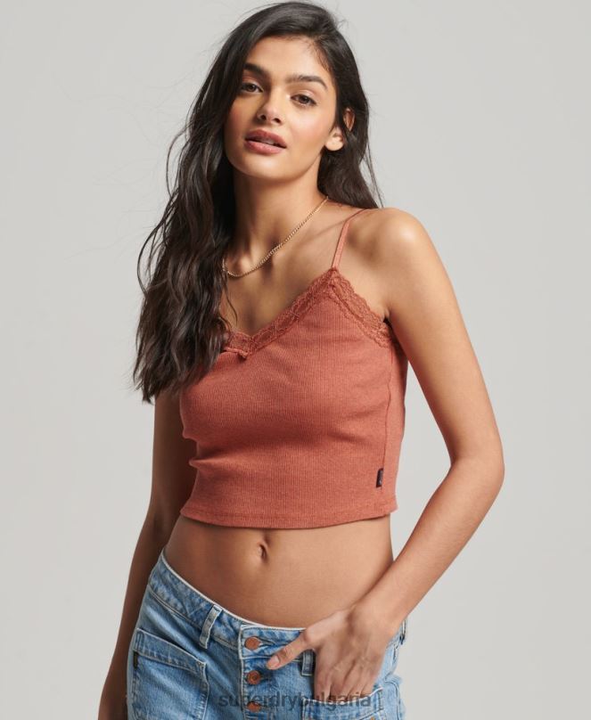 Superdry облекло N00H1968 оранжево Жени ками топ с ребрена дантела