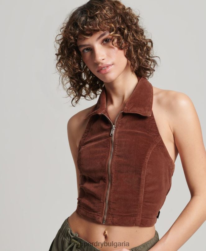 Superdry облекло N00H2092 кафяво Жени горнище с яка и цип през кадифе