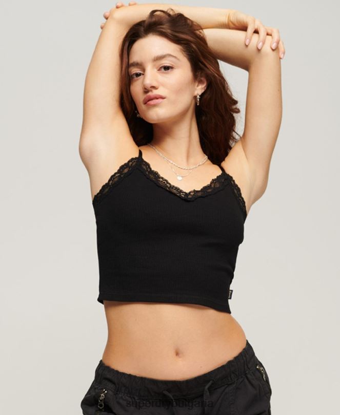 Superdry облекло N00H2098 черен Жени ками топ с ребрена дантела