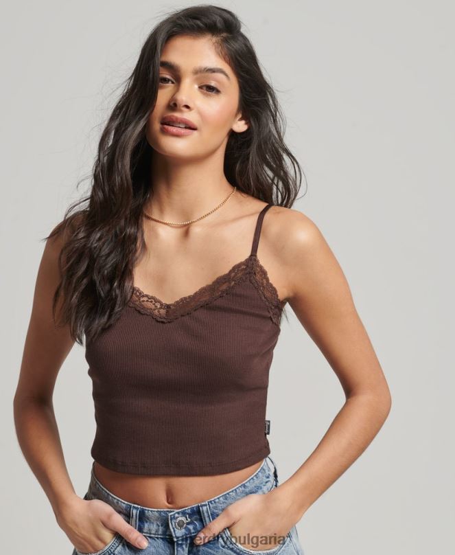 Superdry облекло N00H2326 кафяво Жени ками топ с ребрена дантела