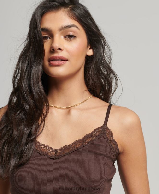 Superdry облекло N00H2326 кафяво Жени ками топ с ребрена дантела