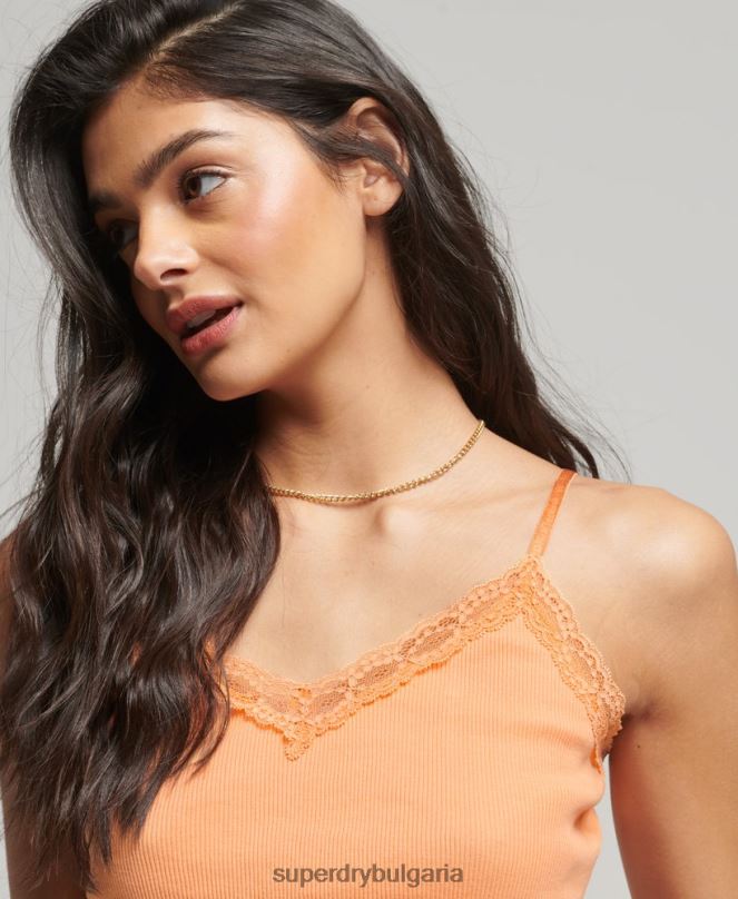 Superdry облекло N00H2329 оранжево Жени ками топ с ребрена дантела