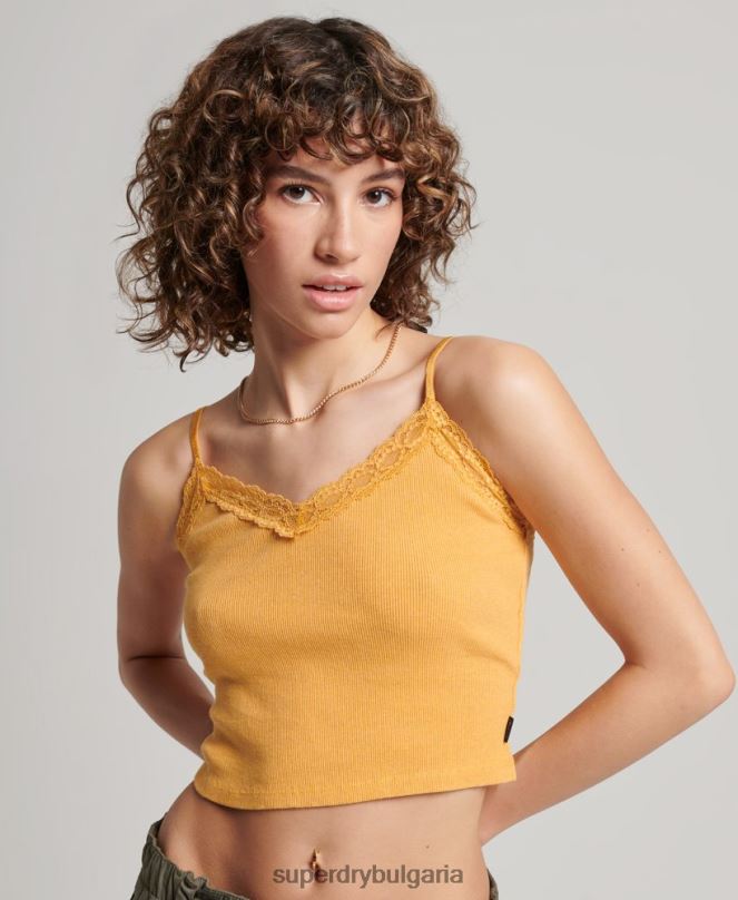 Superdry облекло N00H2350 жълто Жени ками топ с ребрена дантела