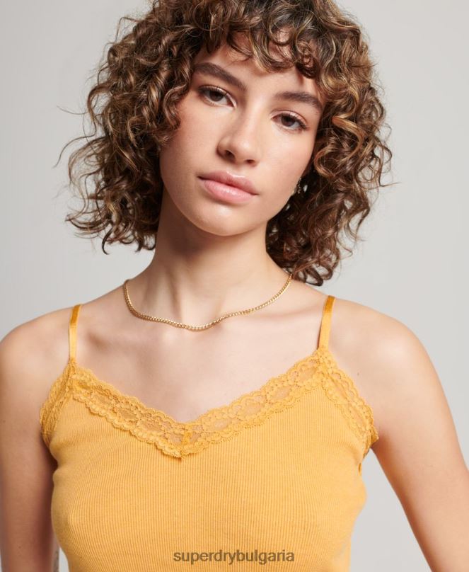 Superdry облекло N00H2350 жълто Жени ками топ с ребрена дантела