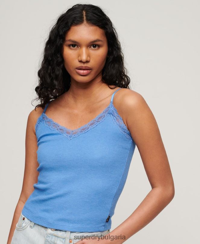 Superdry облекло N00H2352 син Жени горна част от органичен памук с ребра и дантела