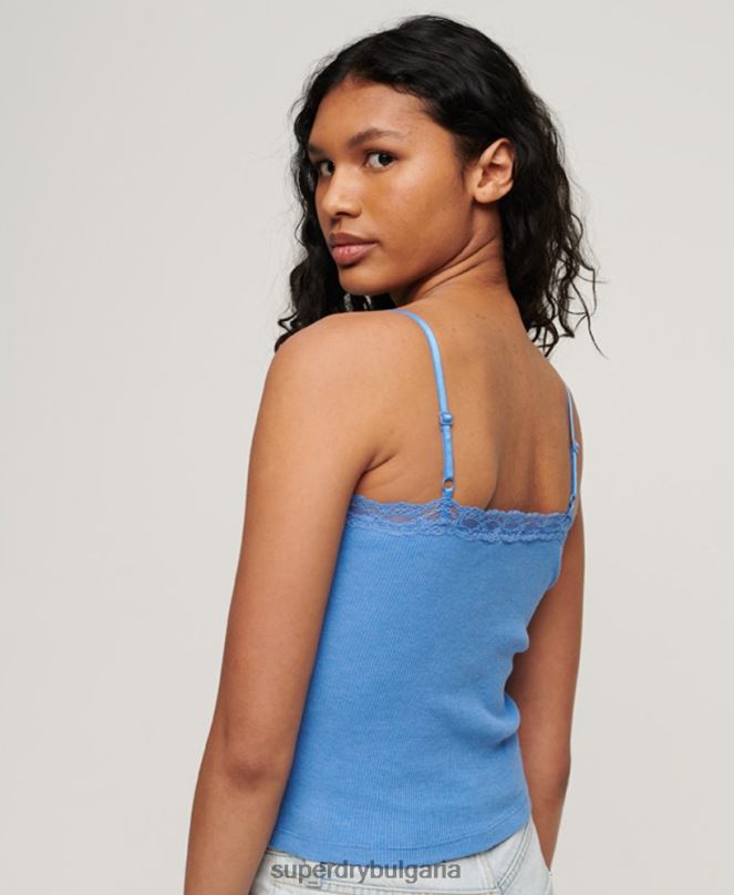 Superdry облекло N00H2352 син Жени горна част от органичен памук с ребра и дантела