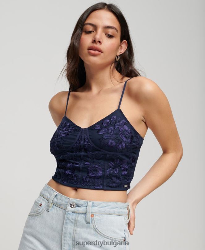 Superdry облекло N00H2872 военноморски флот Жени флорално бродиран корсет