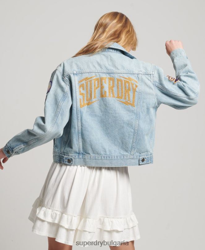 Superdry облекло N00H2019 светло синьо Жени винтидж яке с кръпки на шофьор на камион