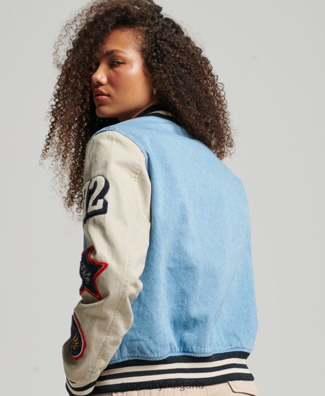Superdry облекло N00H3514 светло синьо Жени ретро университетско дънково яке