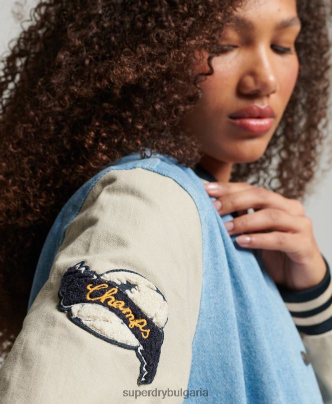 Superdry облекло N00H3514 светло синьо Жени ретро университетско дънково яке