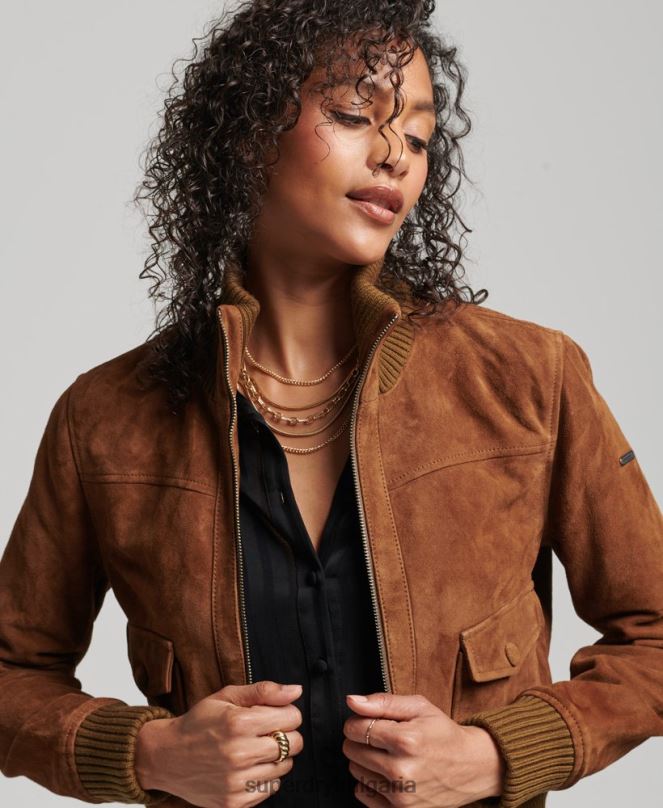 Superdry облекло N00H3535 тен Жени студия плетена яка велур бомбардировач