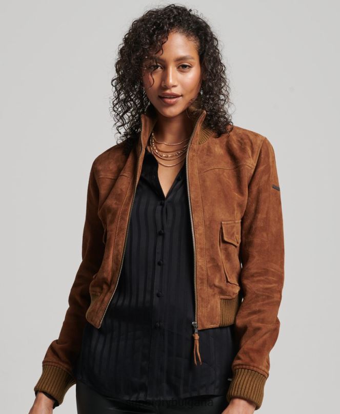 Superdry облекло N00H3535 тен Жени студия плетена яка велур бомбардировач