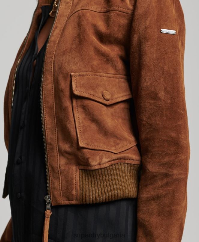 Superdry облекло N00H3535 тен Жени студия плетена яка велур бомбардировач