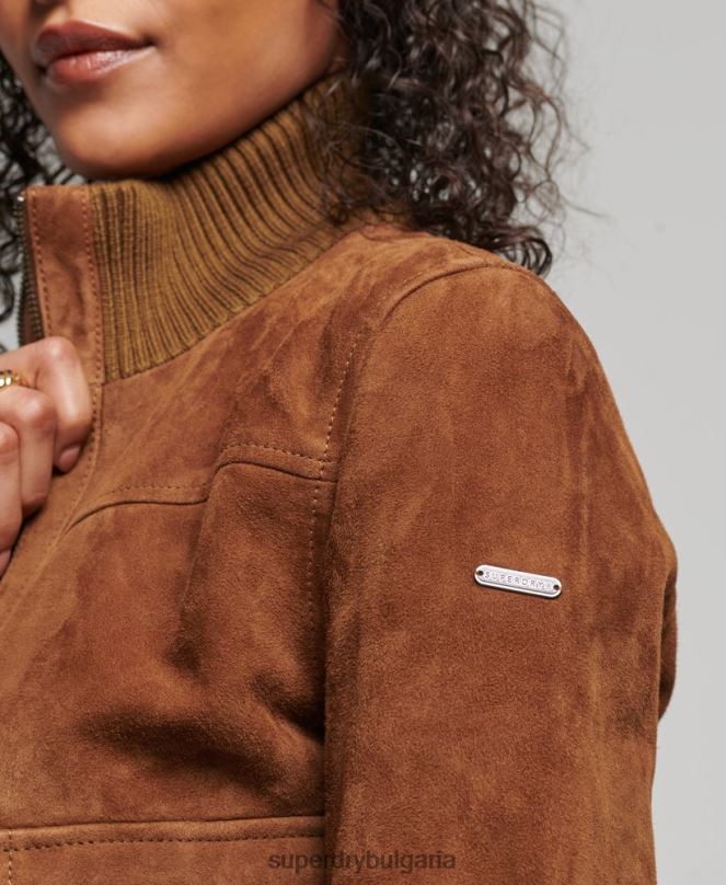 Superdry облекло N00H3535 тен Жени студия плетена яка велур бомбардировач