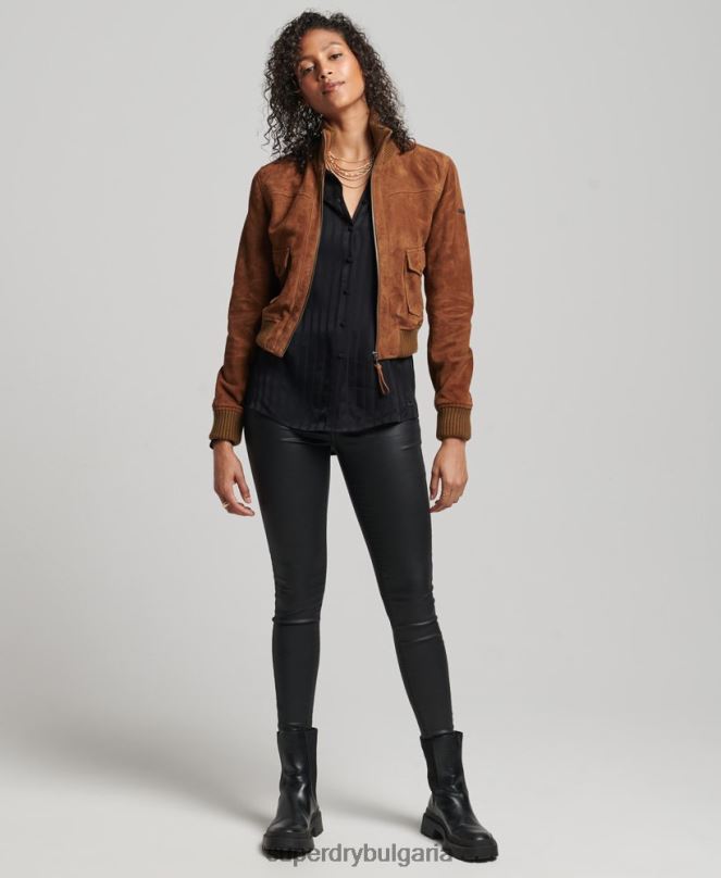 Superdry облекло N00H3535 тен Жени студия плетена яка велур бомбардировач