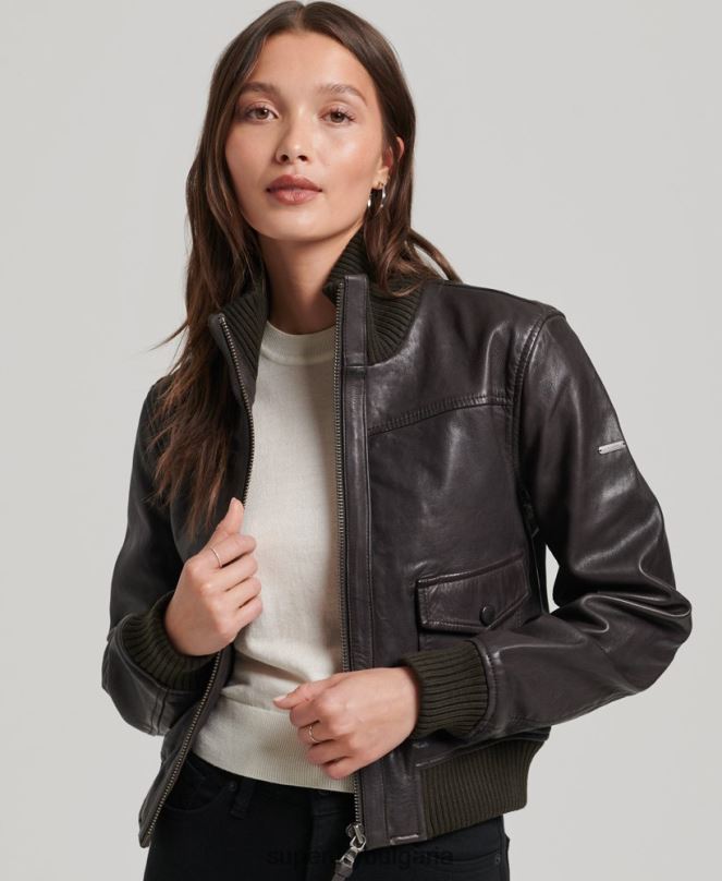 Superdry облекло N00H3546 кафяво Жени кожено бомбър яке с плетена яка