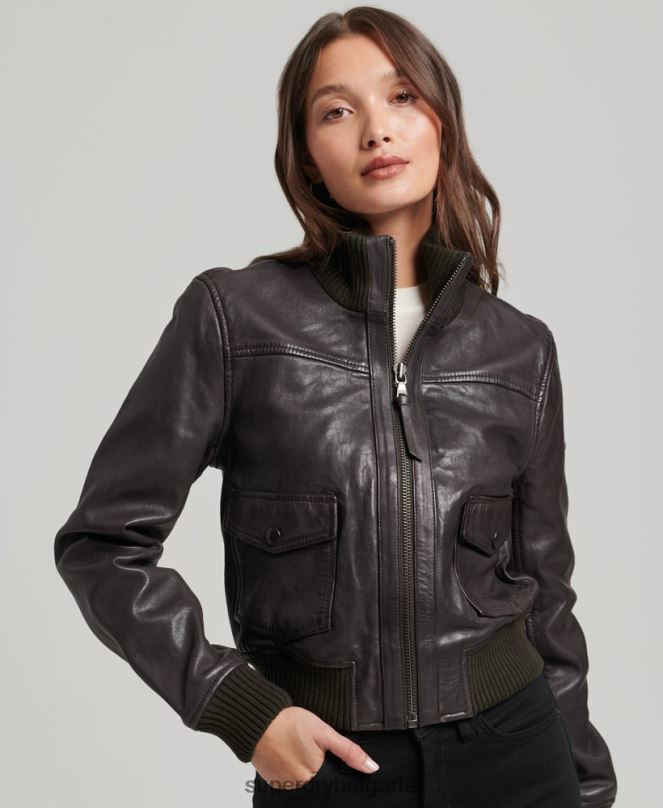 Superdry облекло N00H3546 кафяво Жени кожено бомбър яке с плетена яка