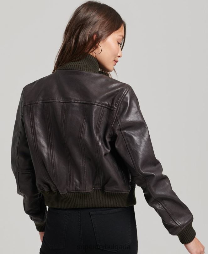 Superdry облекло N00H3546 кафяво Жени кожено бомбър яке с плетена яка