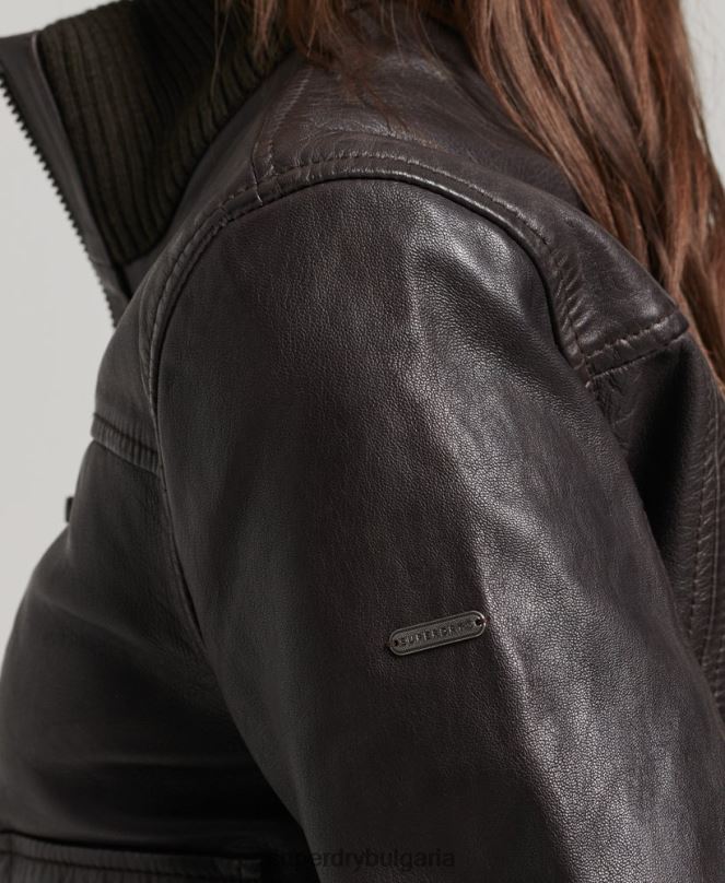 Superdry облекло N00H3546 кафяво Жени кожено бомбър яке с плетена яка