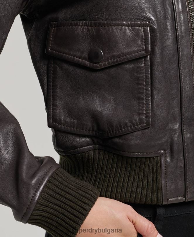 Superdry облекло N00H3546 кафяво Жени кожено бомбър яке с плетена яка