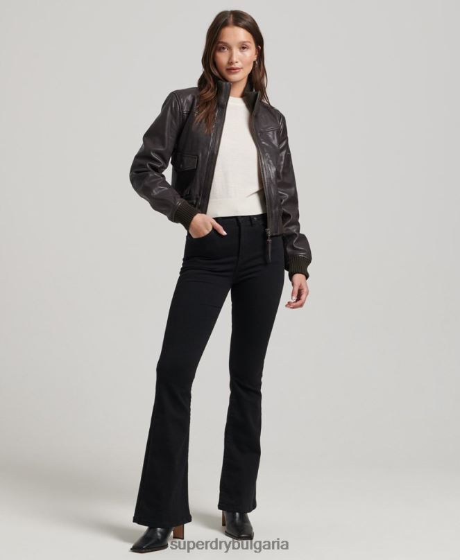Superdry облекло N00H3546 кафяво Жени кожено бомбър яке с плетена яка