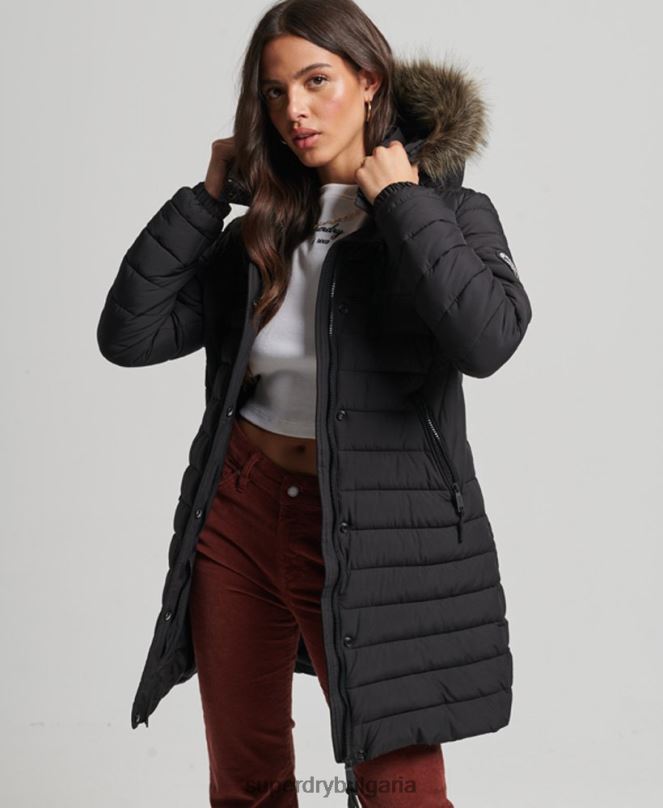 Superdry облекло N00H3550 черен Жени пухено яке със средна дължина и качулка от изкуствена кожа