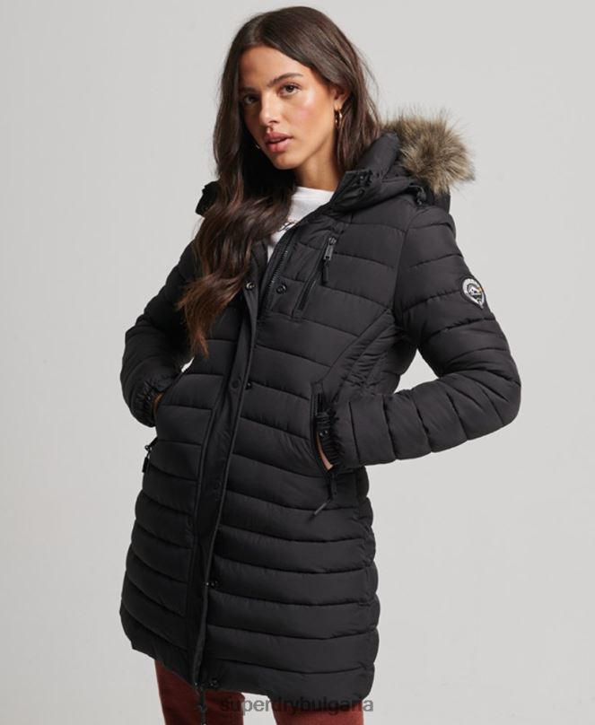 Superdry облекло N00H3550 черен Жени пухено яке със средна дължина и качулка от изкуствена кожа
