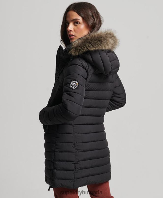 Superdry облекло N00H3550 черен Жени пухено яке със средна дължина и качулка от изкуствена кожа
