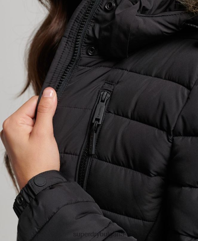 Superdry облекло N00H3550 черен Жени пухено яке със средна дължина и качулка от изкуствена кожа