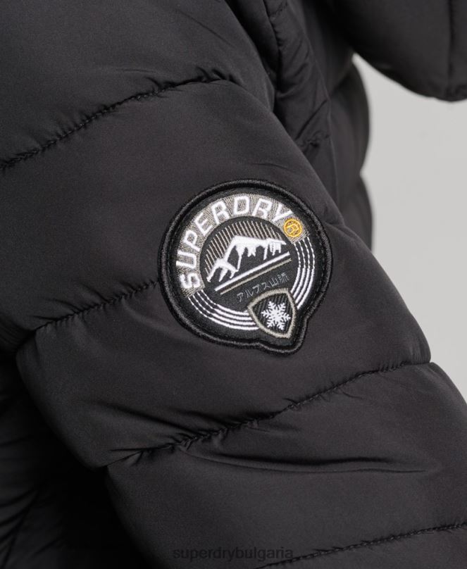 Superdry облекло N00H3550 черен Жени пухено яке със средна дължина и качулка от изкуствена кожа