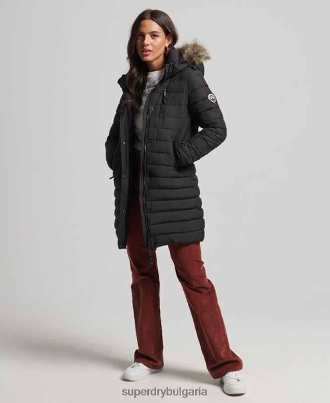 Superdry облекло N00H3550 черен Жени пухено яке със средна дължина и качулка от изкуствена кожа