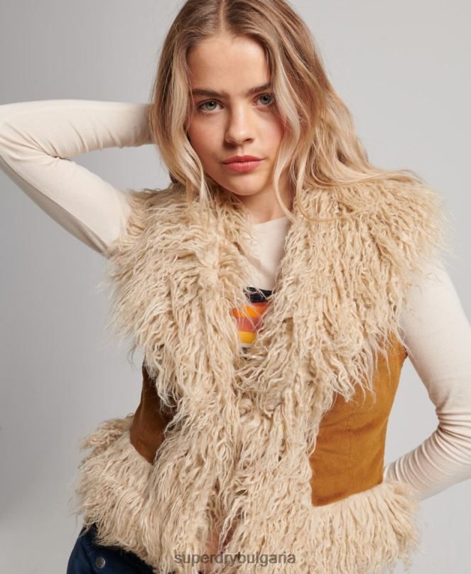 Superdry облекло N00H3553 кафяво Жени афганистанска изрязана жилетка с подплата от изкуствена кожа