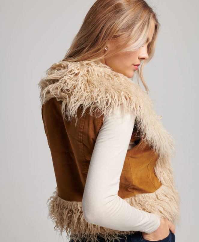 Superdry облекло N00H3553 кафяво Жени афганистанска изрязана жилетка с подплата от изкуствена кожа