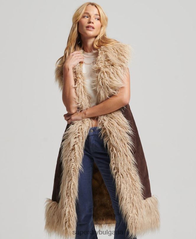 Superdry облекло N00H3561 кафяво Жени афганистанска дълга жилетка от изкуствена кожа