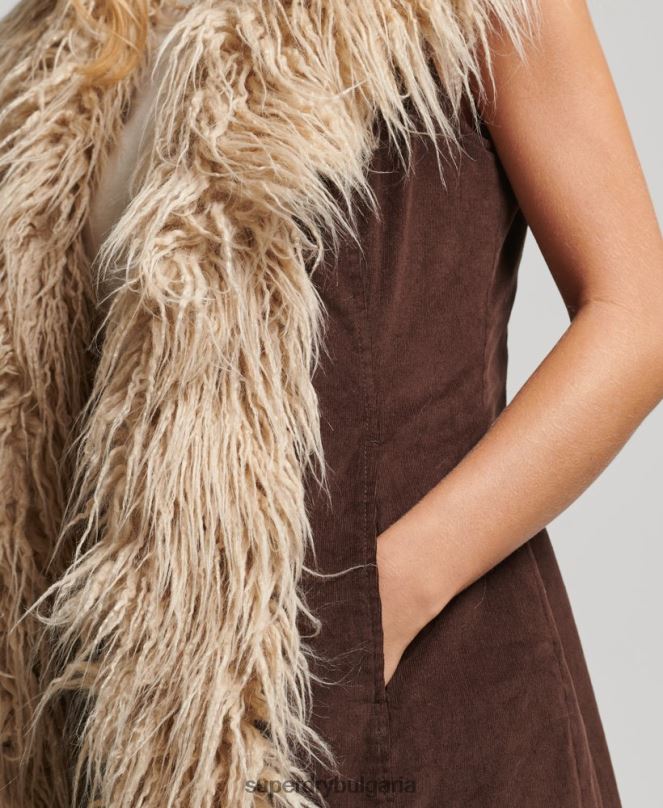 Superdry облекло N00H3561 кафяво Жени афганистанска дълга жилетка от изкуствена кожа