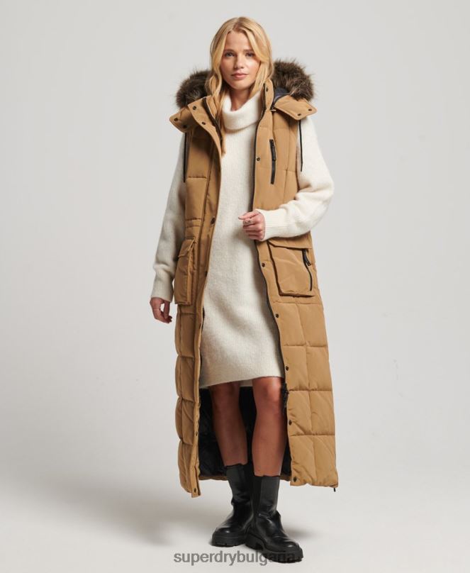 Superdry облекло N00H3572 кафяво Жени жилетка с парагади от изкуствена кожа с качулка