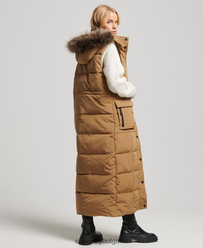 Superdry облекло N00H3572 кафяво Жени жилетка с парагади от изкуствена кожа с качулка