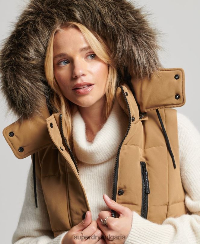 Superdry облекло N00H3572 кафяво Жени жилетка с парагади от изкуствена кожа с качулка