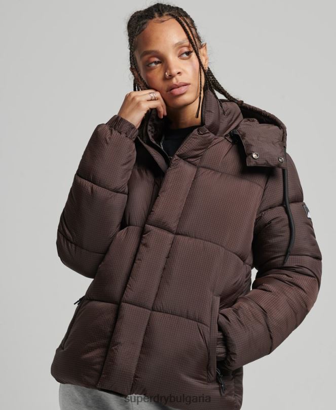 Superdry облекло N00H3576 кафяво Жени пухено яке с рипстоп с качулка
