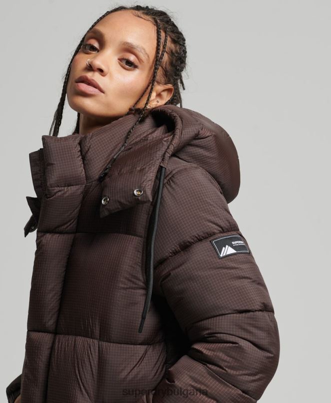 Superdry облекло N00H3576 кафяво Жени пухено яке с рипстоп с качулка