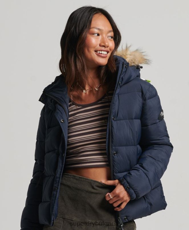 Superdry облекло N00H3585 военноморски флот Жени среднослойно късо яке с качулка