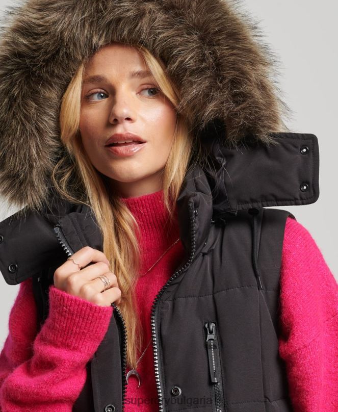 Superdry облекло N00H3596 черен Жени жилетка с парагади от изкуствена кожа с качулка