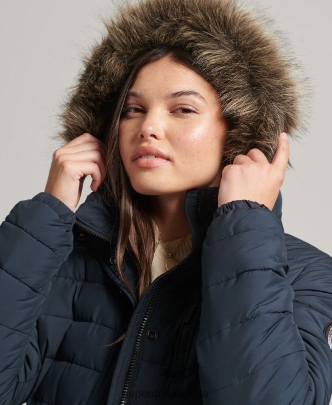 Superdry облекло N00H3605 военноморски флот Жени пухено яке със средна дължина и качулка от изкуствена кожа