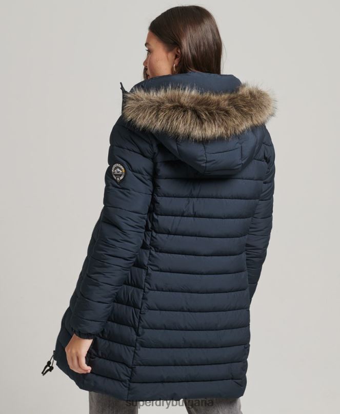 Superdry облекло N00H3605 военноморски флот Жени пухено яке със средна дължина и качулка от изкуствена кожа