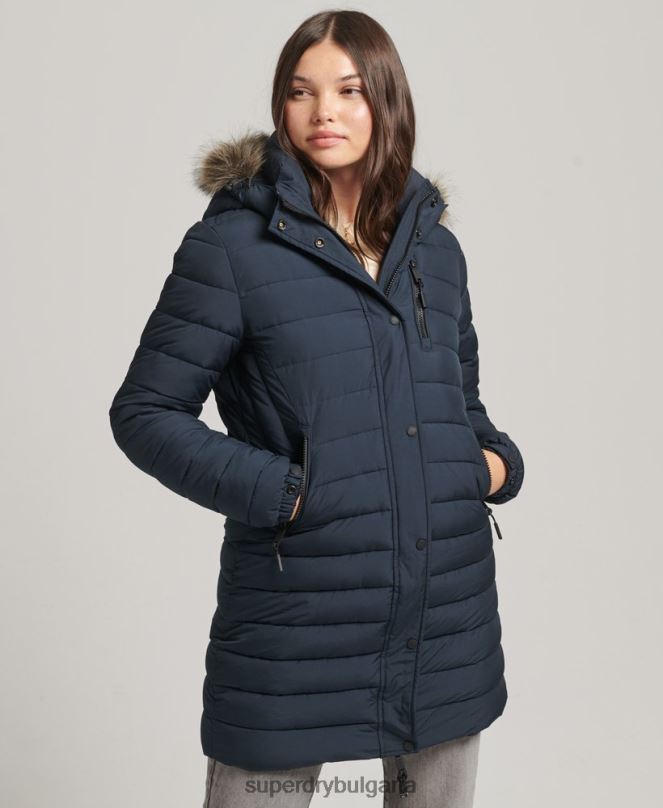Superdry облекло N00H3605 военноморски флот Жени пухено яке със средна дължина и качулка от изкуствена кожа